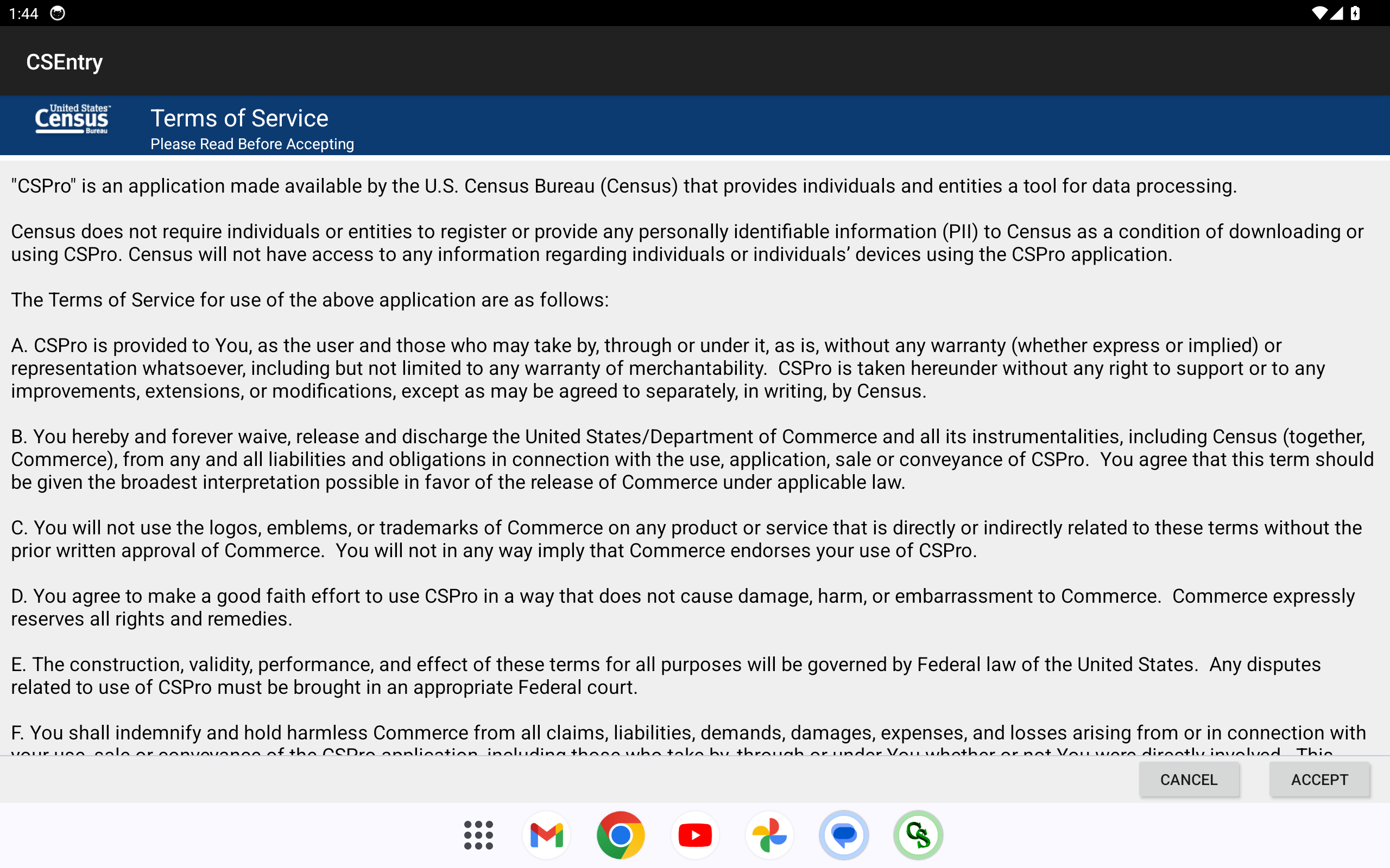 CSEntry first-launch Terms of Service screen with an Accept button