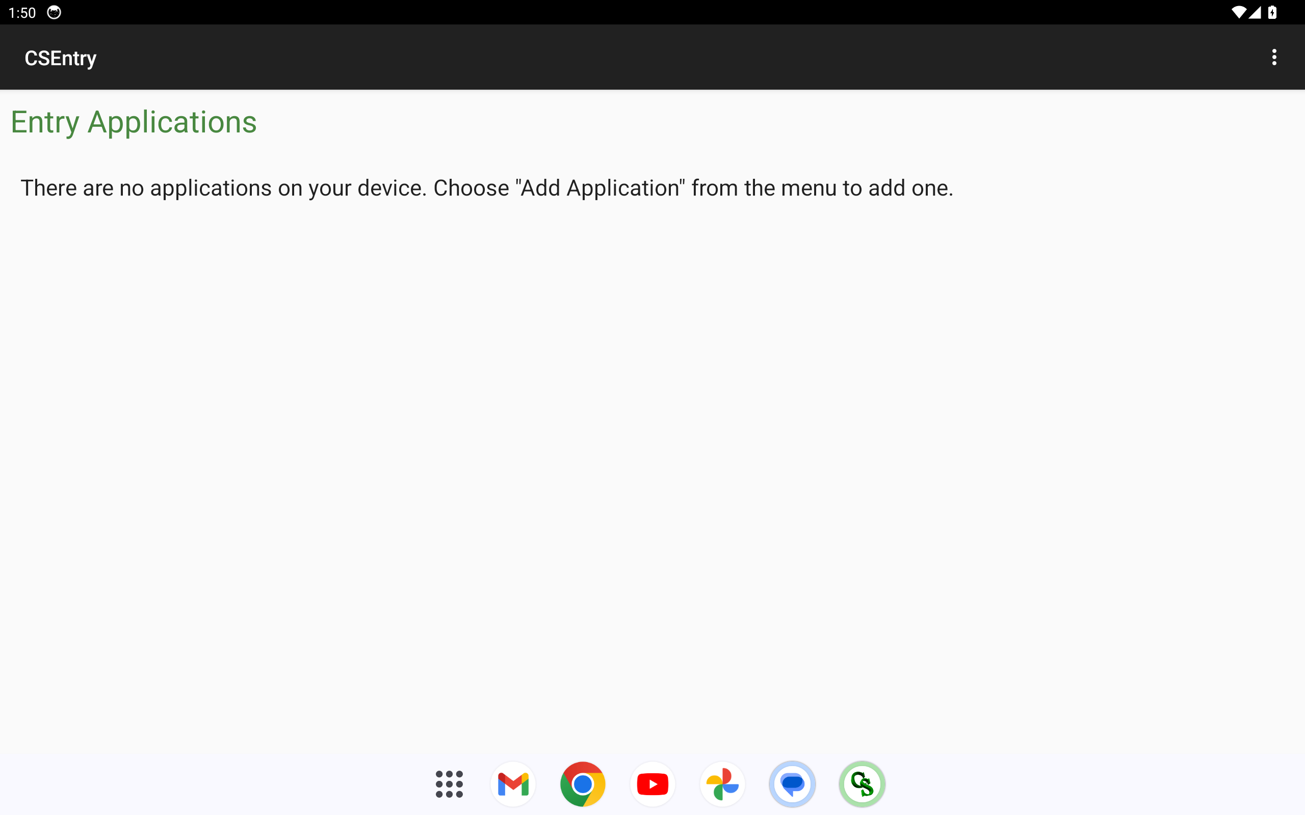 The CSEntry home screen before any survey is added, reading 'There are no applications on your device'