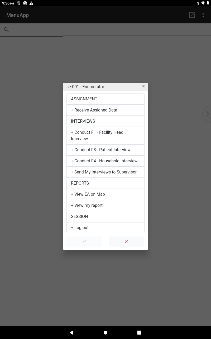 Enumerator role menu headed "se-004 - Enumerator", grouped into ASSIGNMENT, INTERVIEWS, REPORTS, SESSION