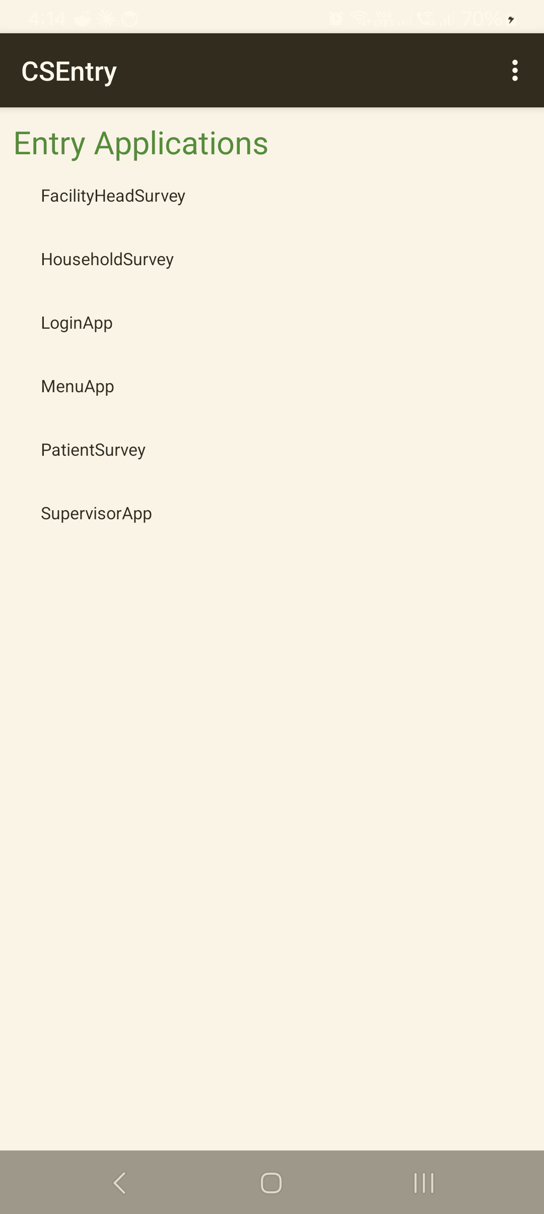 CSEntry "Entry Applications" list showing LoginApp, MenuApp, SupervisorApp, FacilityHeadSurvey, HouseholdSurvey and PatientSurvey
