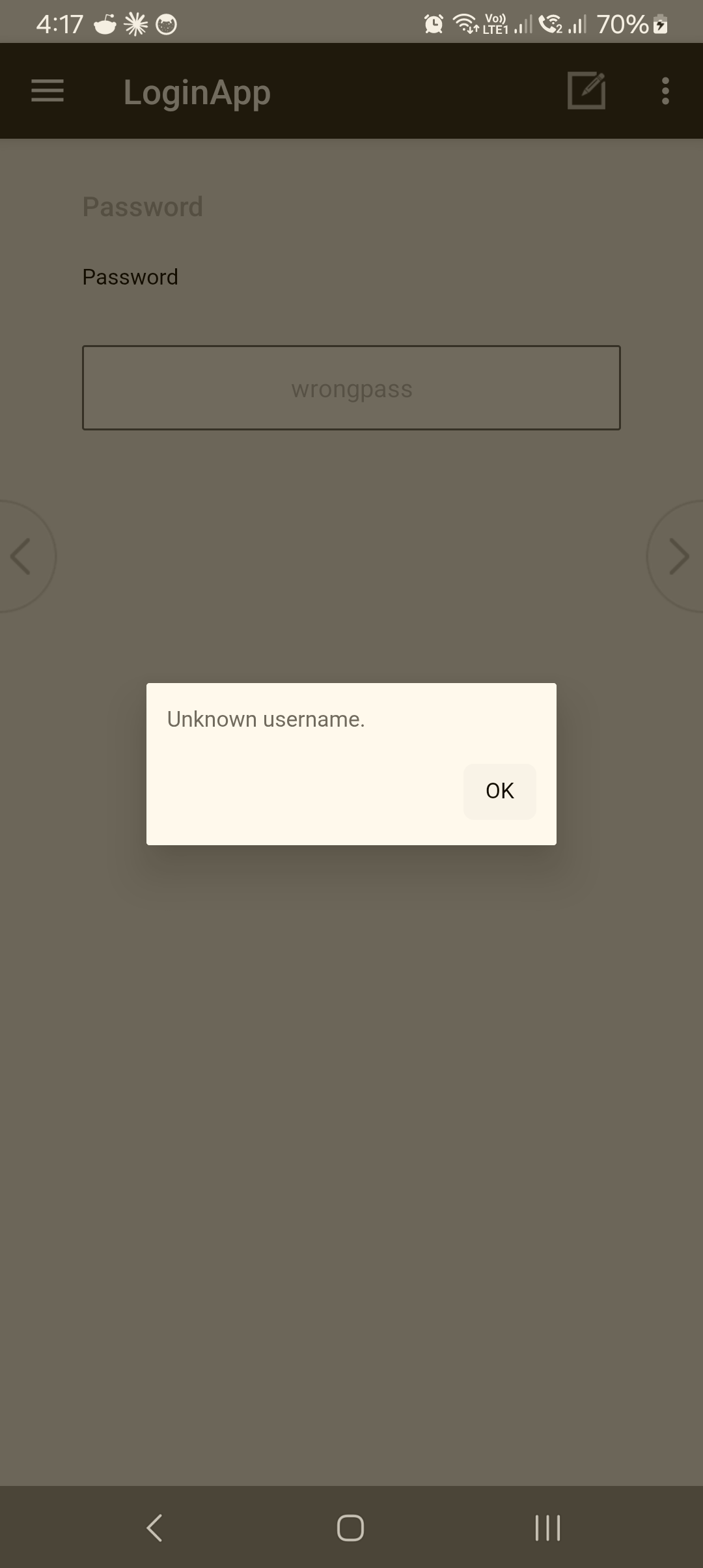 LoginApp error dialog reading "Unknown username." with an OK button