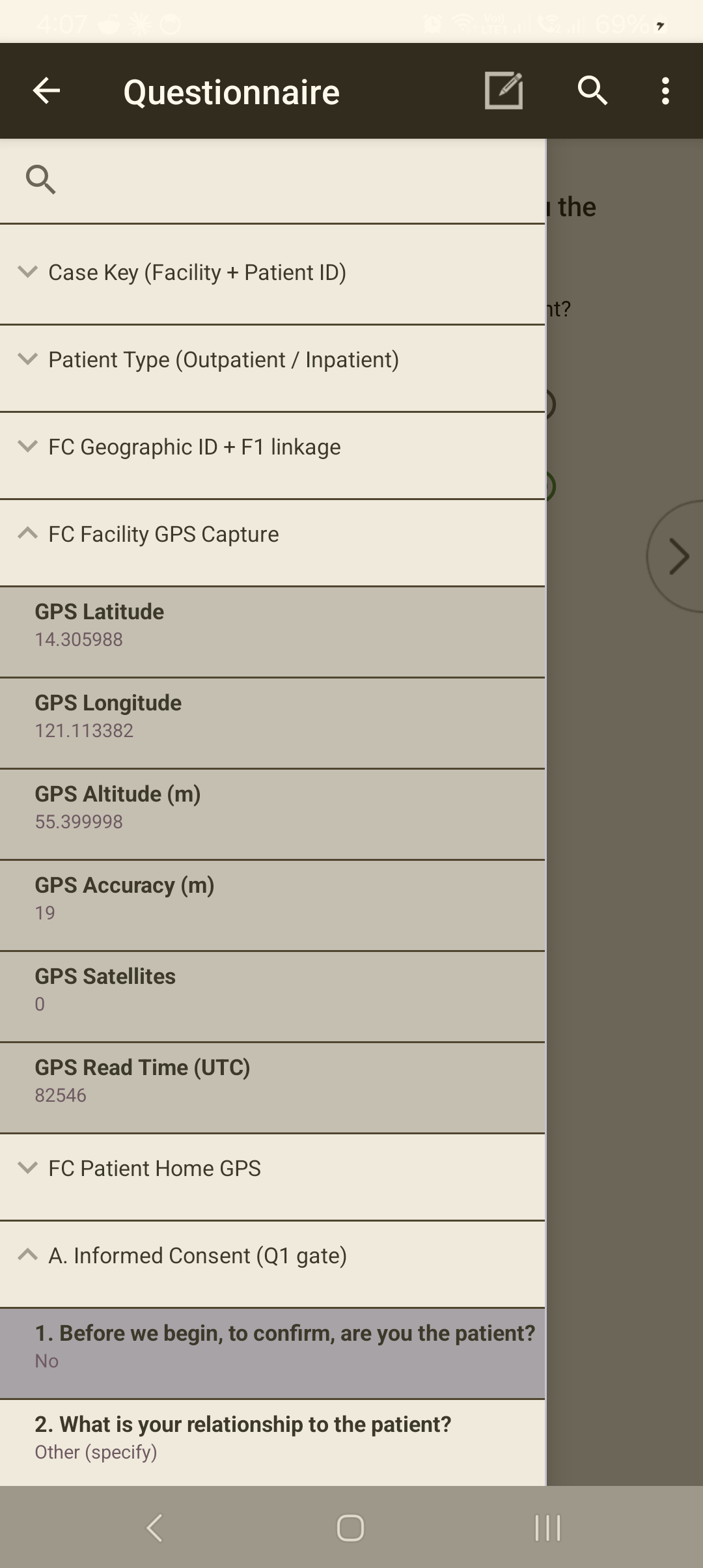 Case tree showing the captured Facility GPS — Latitude 14.305988, Longitude 121.113382, Altitude 55.4 m, Accuracy 19 m, Satellites 0