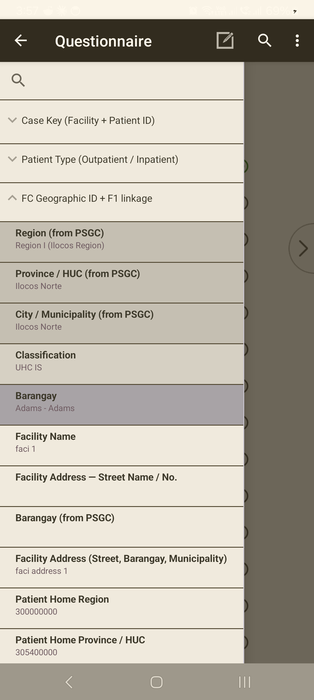The case navigation tree (☰) listing every section and its answered value