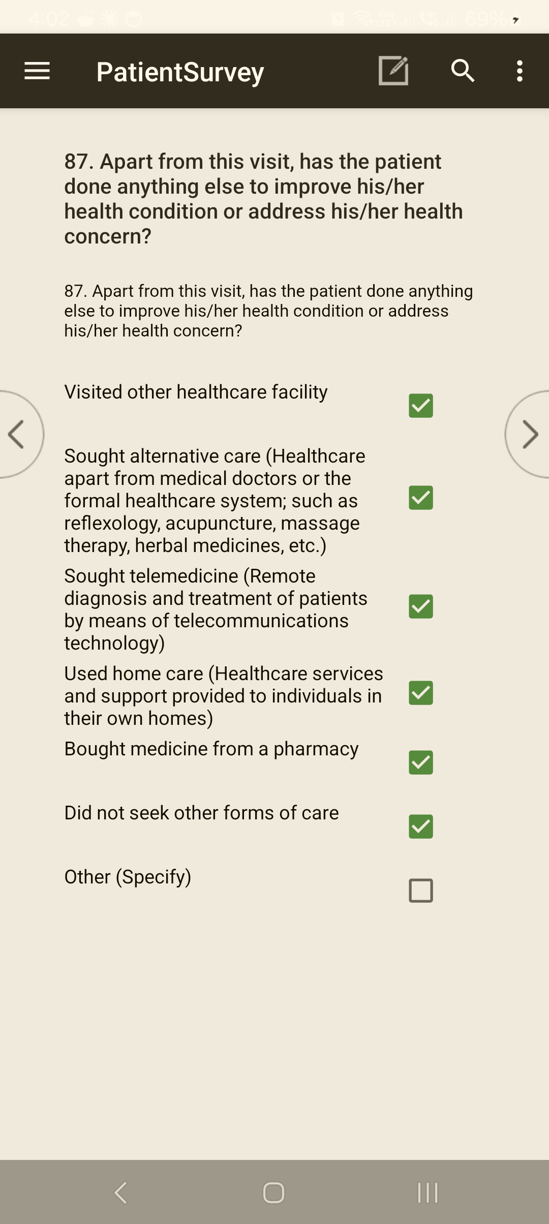 A multi-select checkbox question (Q87, "tick all that apply") with several boxes ticked green