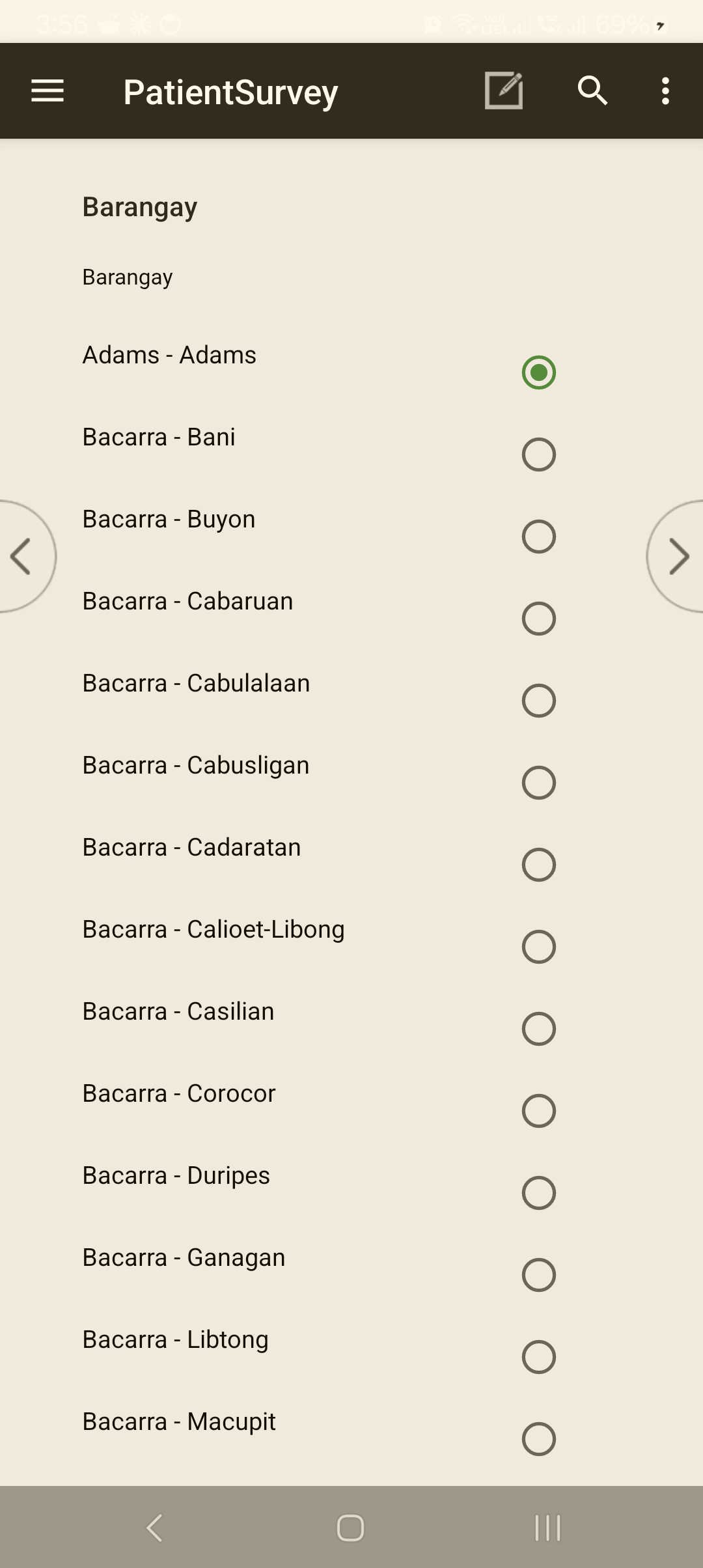 A long single-select list (Barangay) shown as a scrollable set of radio options