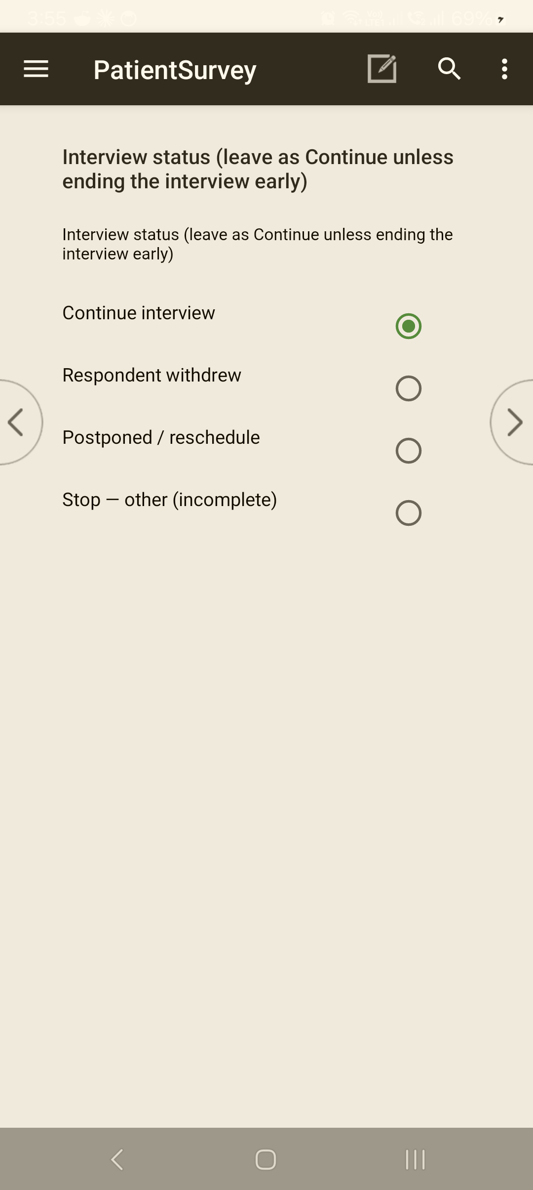 The closing "Interview status" radio: Continue interview / Respondent withdrew / Postponed-reschedule / Stop — other (incomplete)