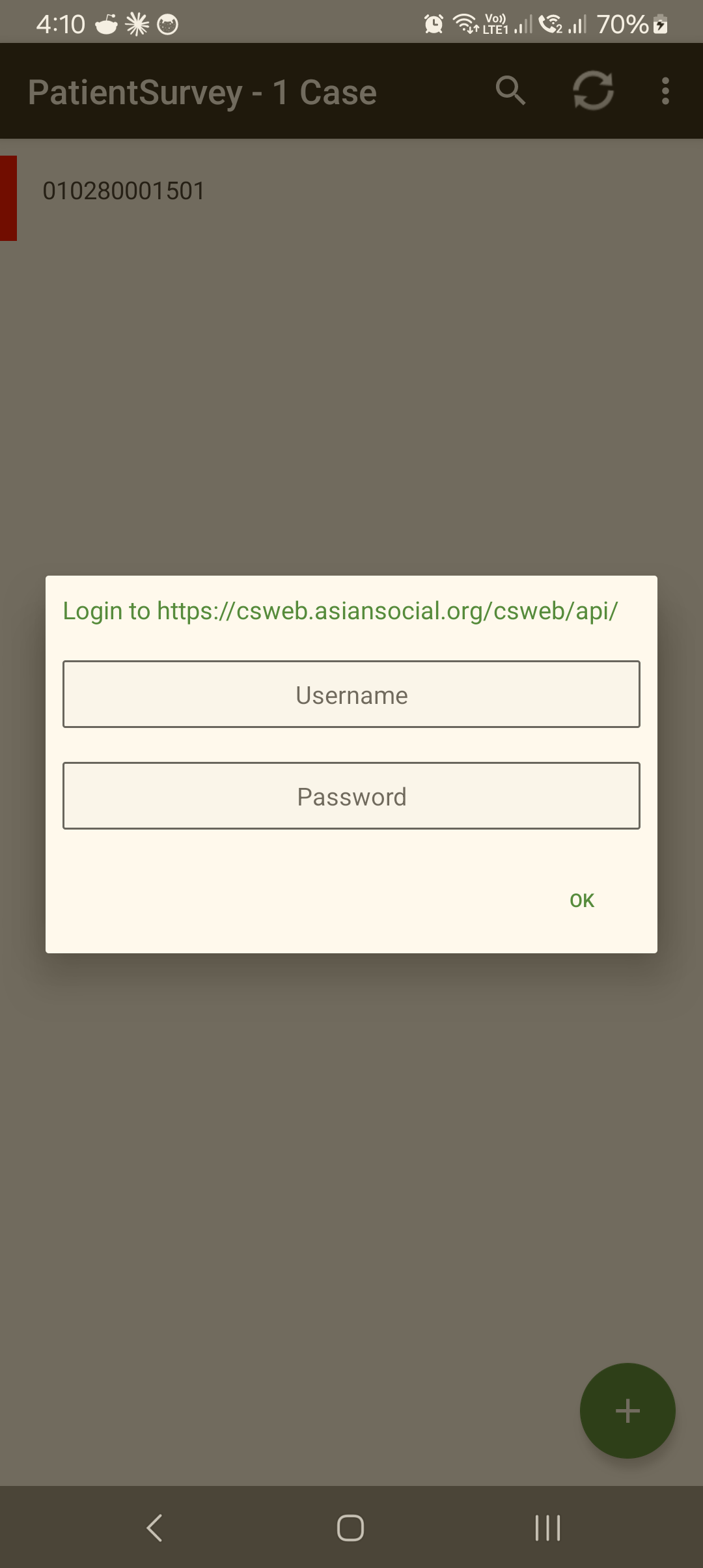 CSWeb sync sign-in dialog: "Login to https://csweb.asiansocial.org/csweb/api/" with Username and Password fields and OK
