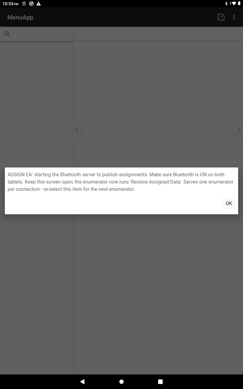 Supervisor "ASSIGN EA" dialog: "starting the Bluetooth server to publish assignments. Keep this screen open; the enumerator now runs 'Receive Assigned Data'."