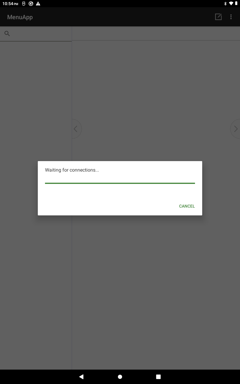 CSEntry "Waiting for connections…" host dialog with a Cancel button