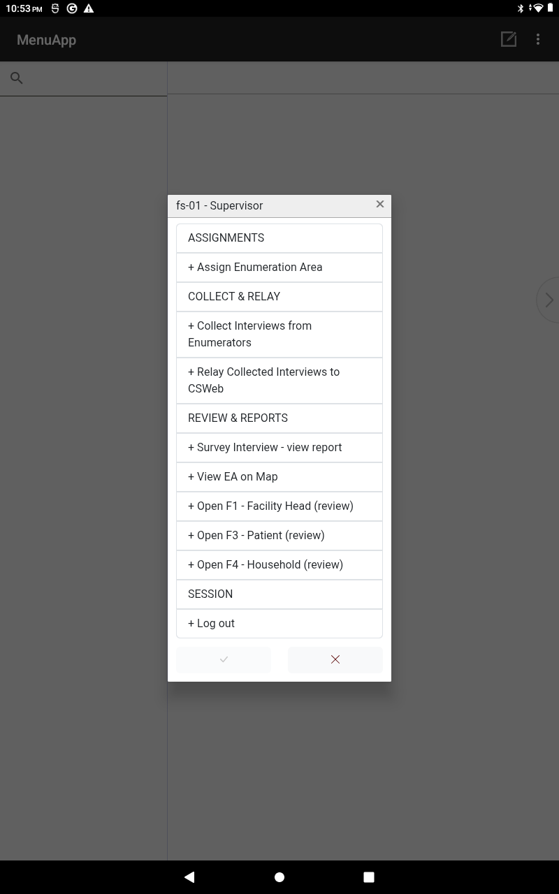 Supervisor role menu headed "fs-01 - Supervisor": ASSIGNMENTS, COLLECT & RELAY, REVIEW & REPORTS, SESSION