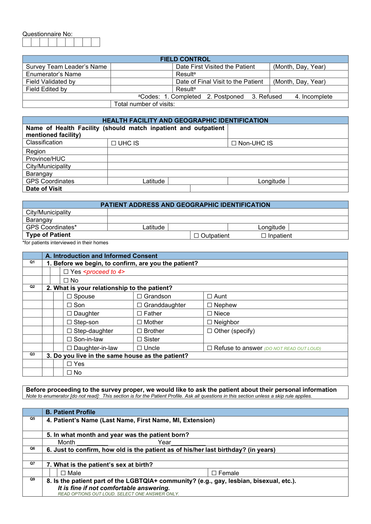 Printed page 3 — F3 Patient Introduction, Consent and start of Patient Profile