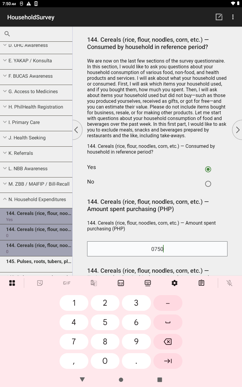 CSEntry expenditure grid — one Amount-in-Pesos number-pad per line item (Q144 cereals shown) on the tablet
